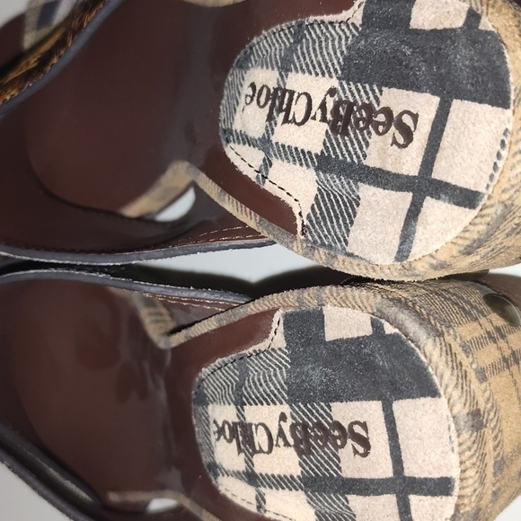 SEE by CHLOE | Marta | Suede Leather Calf Plaid Heeled Sandal Size 7 - Picture 8 of 12